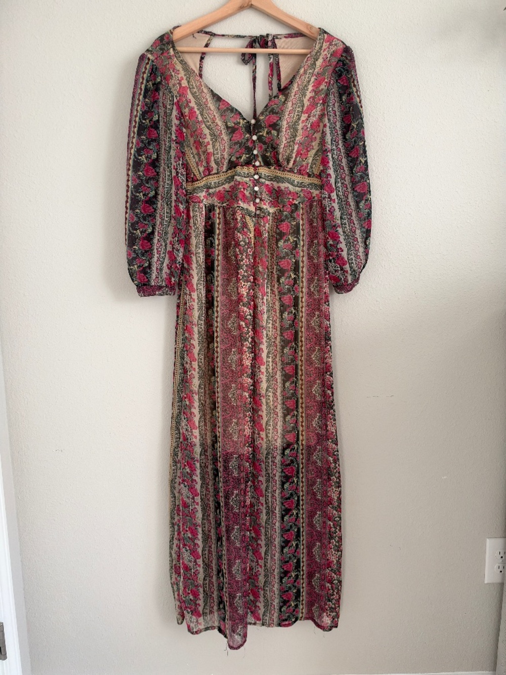 Romantic Boho Floral Paisley Long Sleeve Maxi Dress Small